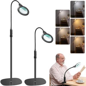 10X Magnifying Glass with Light and Stand, Flexible Gooseneck Magnifying Floor Lamp with Light, 3-in-1 LED 5 Color Modes, Stepless Dimmable Lighted Magnifier Hands Free for Close Work, Crafts, Reading (Black)