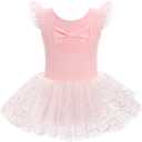 Kid Girls Classic Ruffle Sleeve Ballet Skirted Leotard Shiny Dance Tutu Dresses Ballerina Costume (Pink)