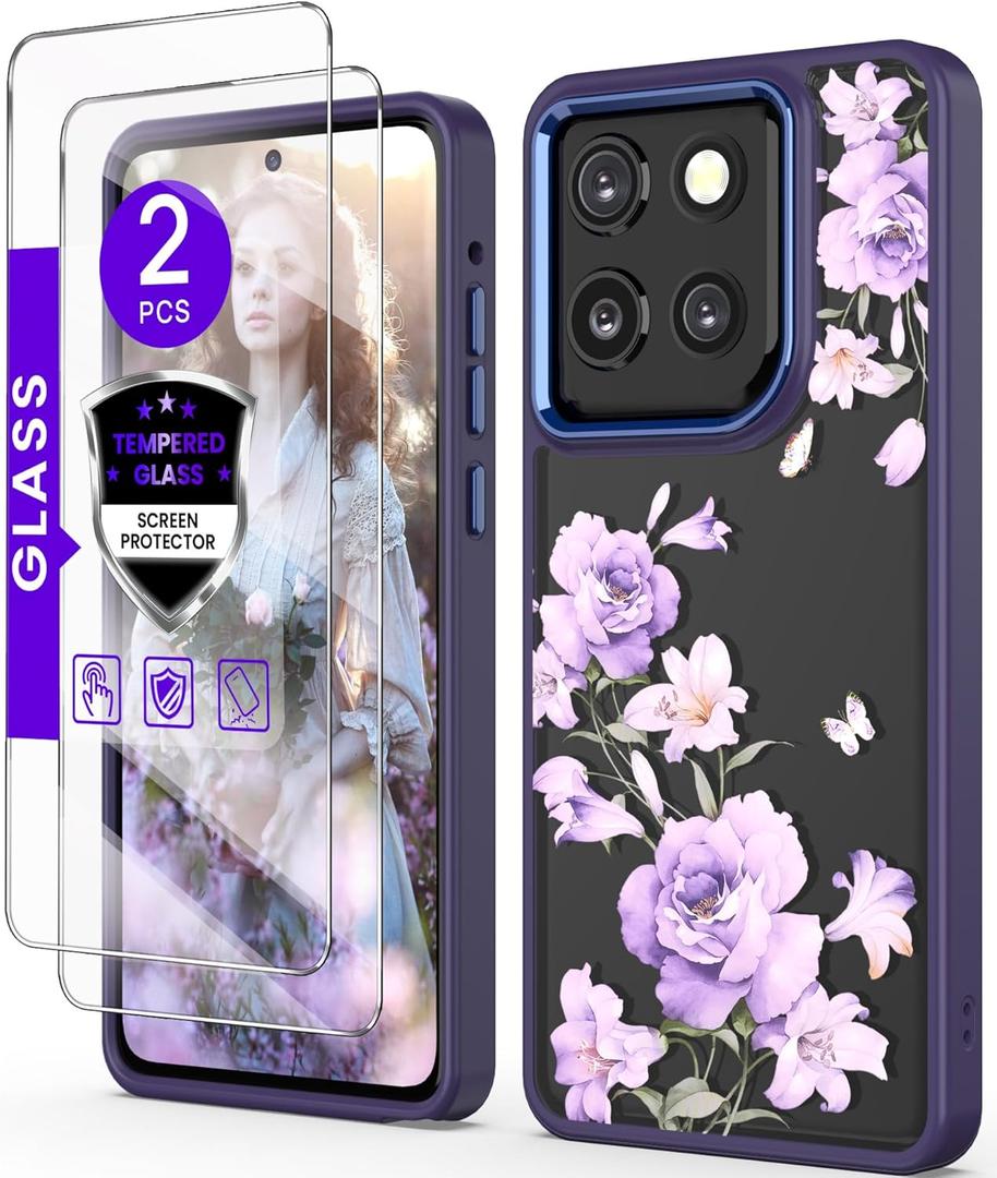 for Motorola Moto G Stylus 5G 2025 Case+Tempered Glass Screen Protector, Military Grade Protective Slim Soft TPU + Hard PC, Girls Women Crystal Clear Flower Pattern Case Cover (Deep Purple)