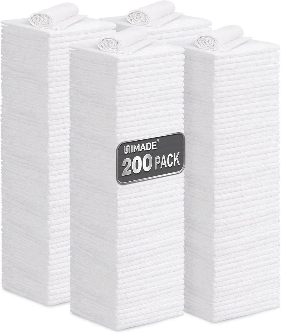 Shop Towel Rag, 200 Pack Reusable Rags Bulk Microfiber Cleaning Cloth Lint Free Towels for Car Kitchen Automotive Bar Mechanic Restaurant Garage, 11.5"x 11.5", White