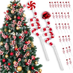 Bencailor 30 Pcs Christmas Tree Picks Red and White Christmas Ornaments Candy Cane Xmas Decorations Lollipop Tree Topper Xmas Bells Curly Pick for Vase Filler Wreath DIY Craft Party Favor Decor