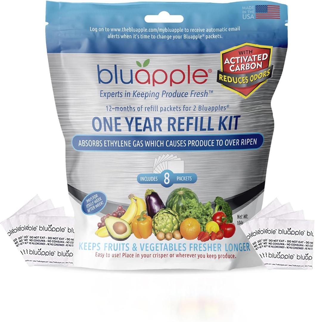 Bluapple Produce Saver Ethylene Gas Absorber with Activated Carbon, 1 Year Supply, Keeps Fresh Fruits & Vegetables Longer - Produce Saver for Kitchen - 8-Packets, 13g Total (Active Formula + Carbon)