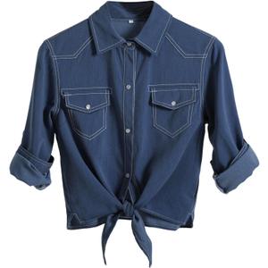 AMEBELLE Women's Roll Up 3/4 Sleeve Tie Front Knot Shirt Chambray Denim Crop Top (XX-Large)