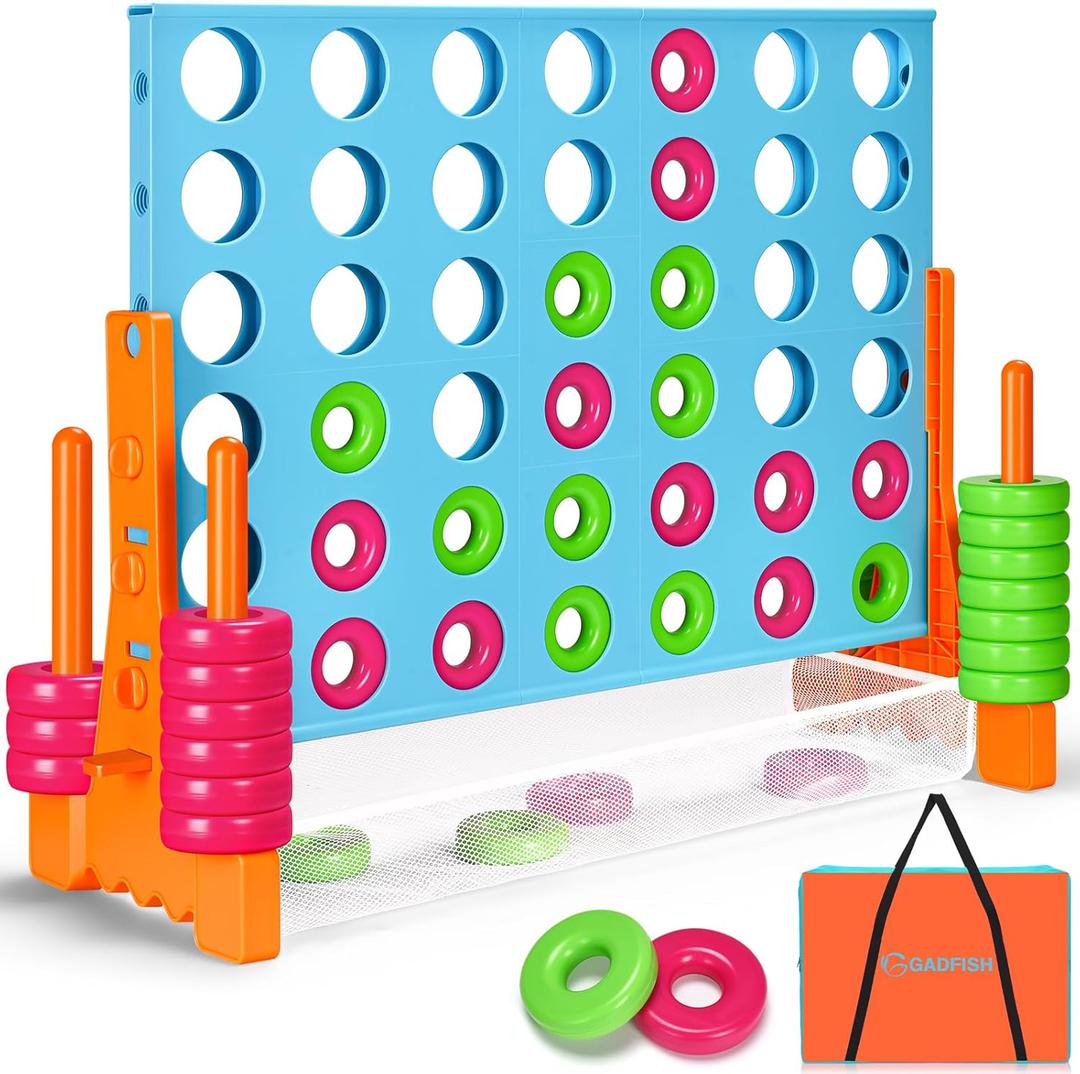 GADFISH Giant 4 in A Row - 2.6FT Tall Outdoor Connect 4 Perfect for Indoor & Outdoor Use, 4-to-Score Giant Game Set for Kids & Adults, with 42 Jumbo Rings & Quick-Release Slider (Blue & Orange)