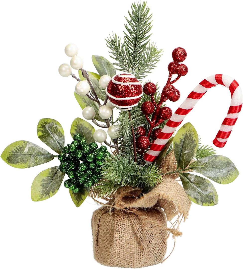 Christmas Tabletop Decorations, 25cm Artificial Christmas Tree Candy Cane Table Top Ornament with Realistic Berries and Leaves for Xmas Home or Office Decor (1, Red Green White)