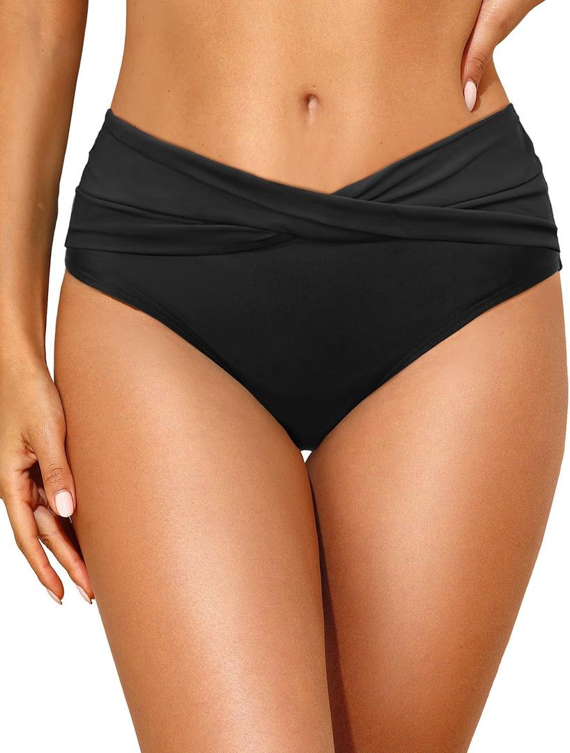 Tempt Me Women Mid Waist Bikini Bottoms - V Cut Bathing Suit Bottoms Twist Front Swimsuit Bottoms Ruched Swimwear 2025 (Small, Black)