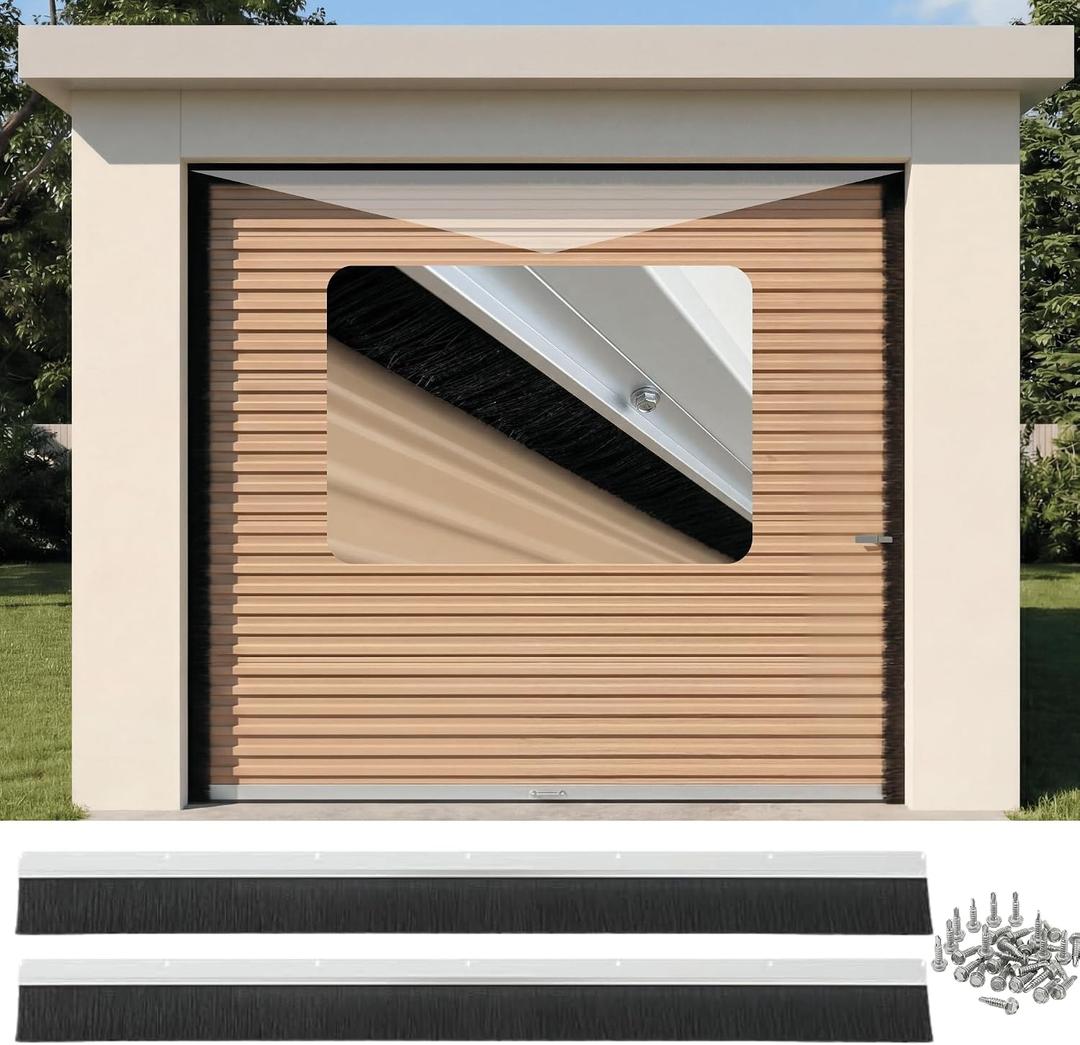 2" High-Density Nylon Bristle 8 FT Garage Door Top Brush Seal, Drill Free Header Weather Stripping with Heavy Duty Aluminum Track, Dust and Draft Protector for Roll Up, Sectional Doors