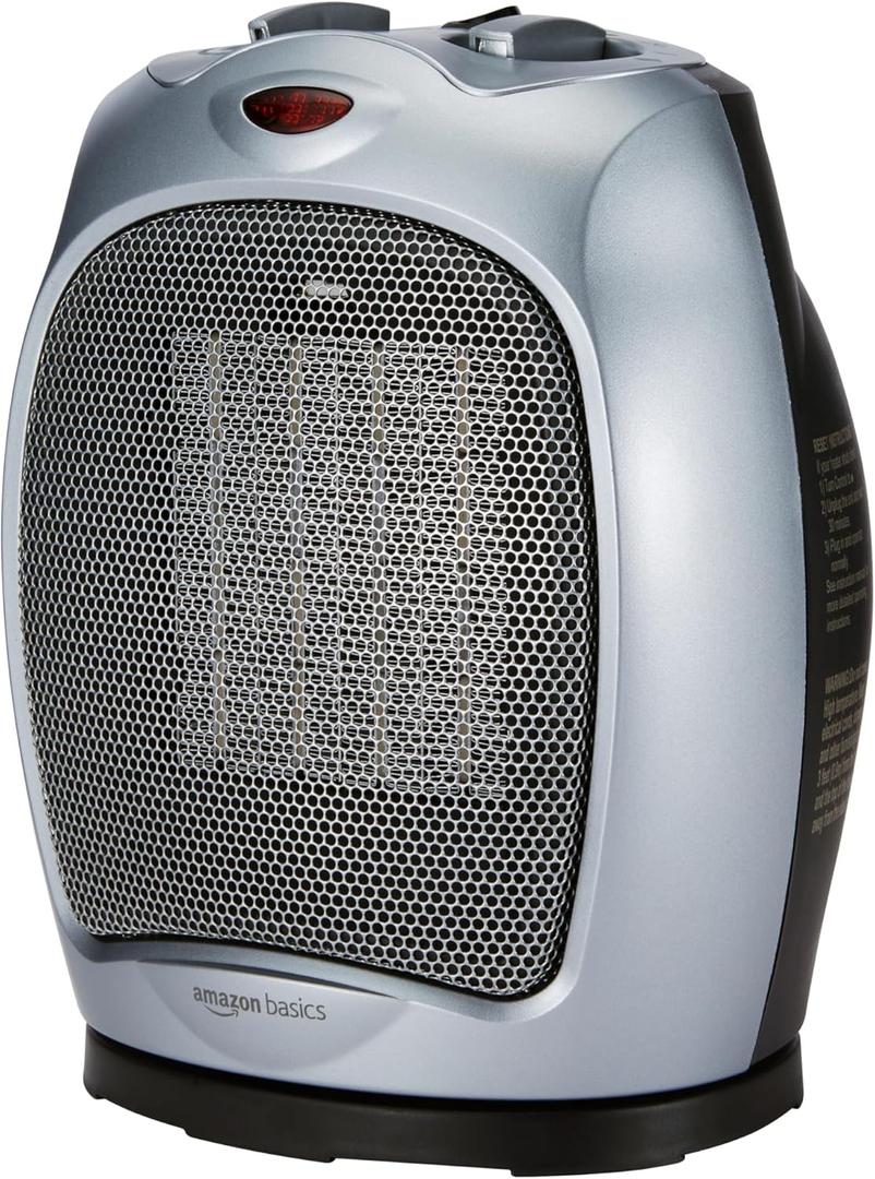 Amazon Basics Oscillating Ceramic Space Heater, Portable Indoor Heating Solution, With Overheat and Tip-Over Protection, Thermostat, 1500W, 7.52"D x 6.34"W x 9.45"H, Silver