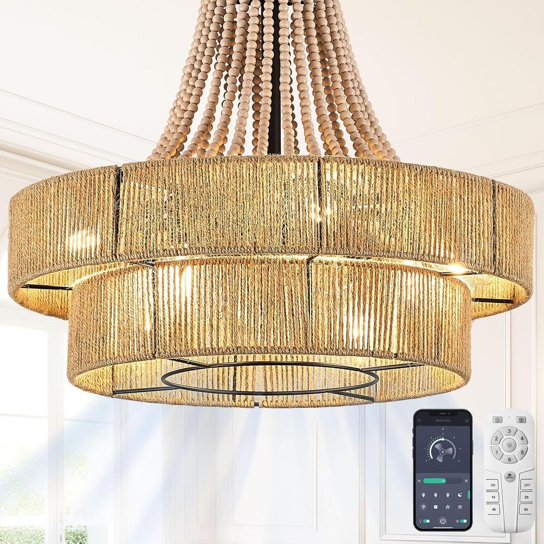 24 Modern Double Twine Drum Fan with Adjustable Chian 8-Lights Rustic Pendant Fandelier Light with Remote Control for Bedroom Kitchen Island Dining Living Room (Twine, 24IN)