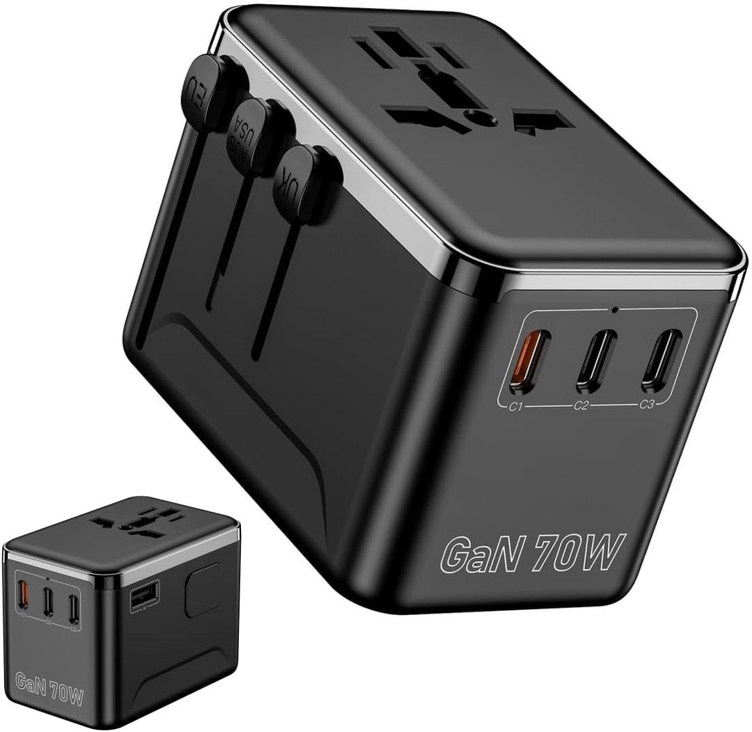 Universal Travel Adapter, 70W GaN International Power Adapter with 3 USB C and 1 USB A Fast Charging Ports, PD Wall Charger for iPhone, Worldwide Plug for EU UK US AUS (Type C/G/I/A)