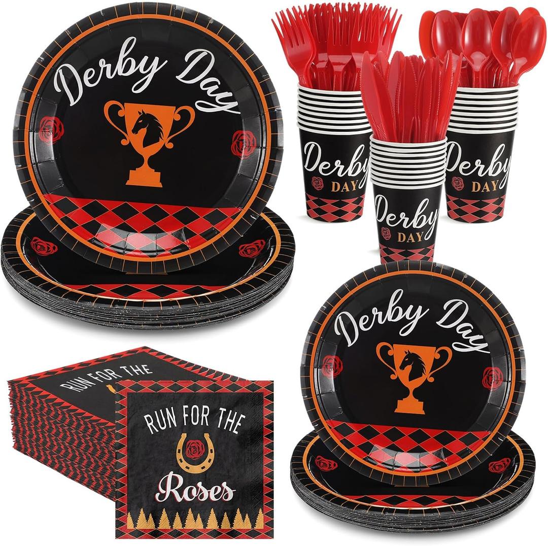 Gerrii 250 Pcs Derby Day Party Supplies for 25 Guest, Horse Racing Party Tableware Set Run for The Roses Plates and Napkins Disposable Cups Forks Knives, Horse Theme Dinnerware Derby Race Decorations