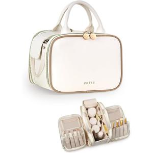 Prite Makeup Bag for Women, Large Capacity Waterproof Travel Cosmetic Organizer, Portable Open Flat Toiletry Bag with Free-standing Brush Holder and Handle (Beige, Medium)