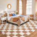 Pionblank 8x10 Area Rugs for Living Room, Fluffy Plush Checkered Rug for Bedroom, Shag Non Slip Soft Furry Large Carpet for Kids Room Nursery Home Decor, Beige and Cream White