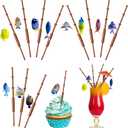 Syhood 24 Pcs Fishing Cupcake Toppers Mini Fish Pole Decoration Fishing Themed Party Decorations for Cake Topper Birthday Party Drink Cake Decoration