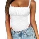 Saslax Women's Sexy Square Neck Lace Sleeveless Bodysuit Tank Tops Double Lined Body Suit Thong Outfits (White) S