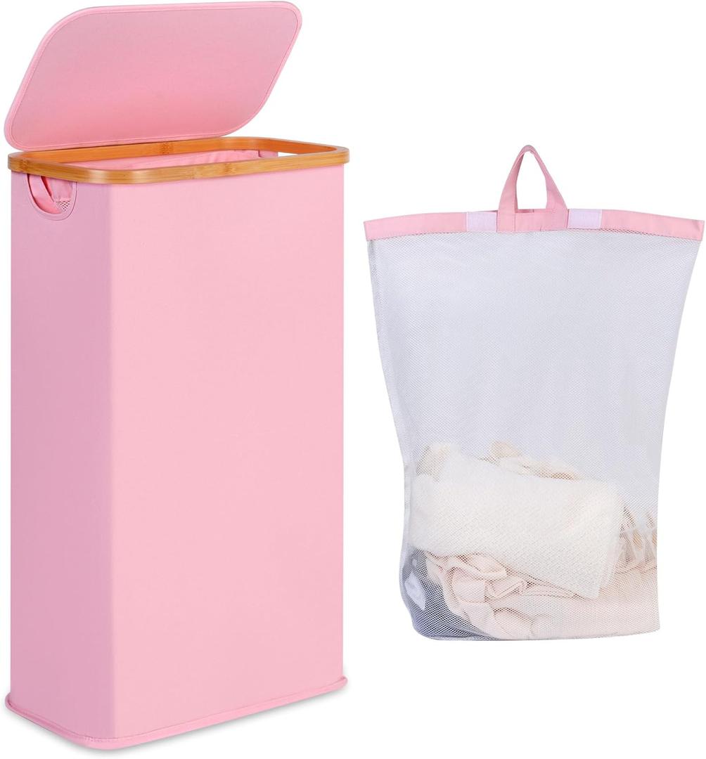 Slim Laundry Hamper, Narrow Laundry Basket with Lid,Foldable Clothes Hamper with Bamboo Handles,Hamper Basket with Removable Inner Bag for Laundry Room Bedroom College Dorm,60L Pink