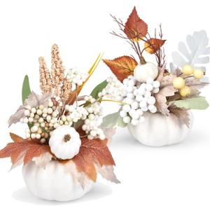 Lvydec 2 Pack Artificial Pumpkins with White Maple Leaves and Berries, Fall Pumpkin Decoration for Table Centerpiece,Thanksgiving and Home Decor