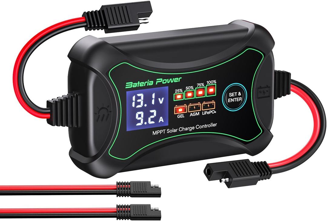 10Amp 12 Volt MPPT Solar Charge Controller, Bateria Power Intelligent Portable Solar Panel Controller, Max PV 150W 30Voc Solar Regulator for Gel AGM Lead-Acid, Lithium LiFePO4 Battery (SunRock 10)