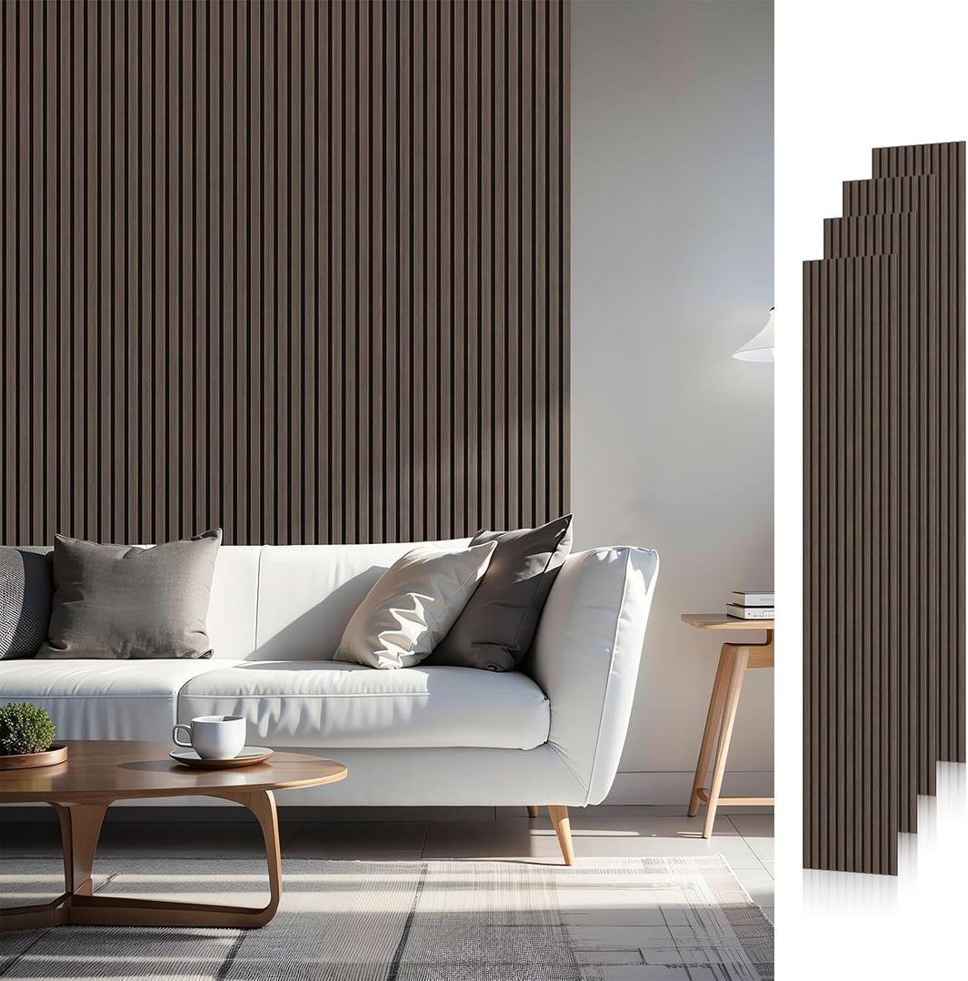Wood Slat Acoustic Panels, 94.5" x 12.6" Each Soundpoof Wooden Slat Wall Panel, Classic Dark Walnut, 4 Pack