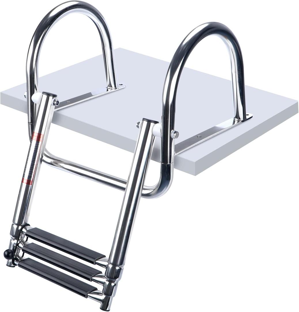 Marinebaby 3 Steps Pontoon Boat Ladder, Stainless Steel Folding Telescoping Rear Entry Inboard, Heavy Duty Custom Swim Deck Ladder with Pedal Hand Railing