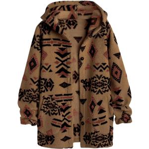 SELINK Womens Aztec Print Fleece Hoodie Jacket Button Down Shacket Casual Sherpa Coats Warm Outwear with Pockets, M