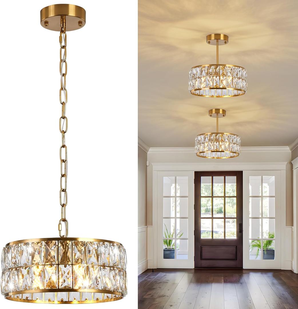 Modern 4-Light Gold Crystal Chandelier Ceiling Light, 12-Inch Small Round Semi Flush Mount Chandelier-Style Ceiling Light for Kitchen Island & Entryway