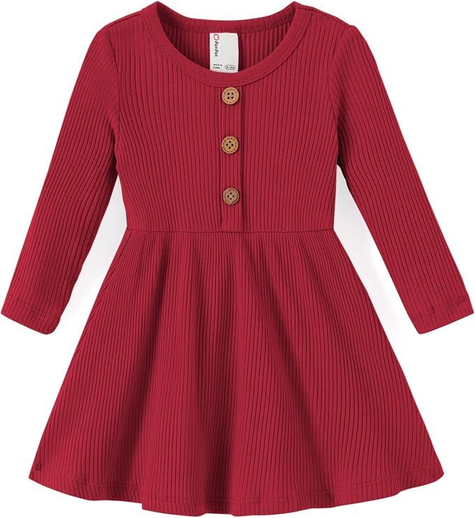 PATPAT Baby Girl Long Sleeve Cotton Dress for Holiday Photos, Burgundy, 3-6 Months