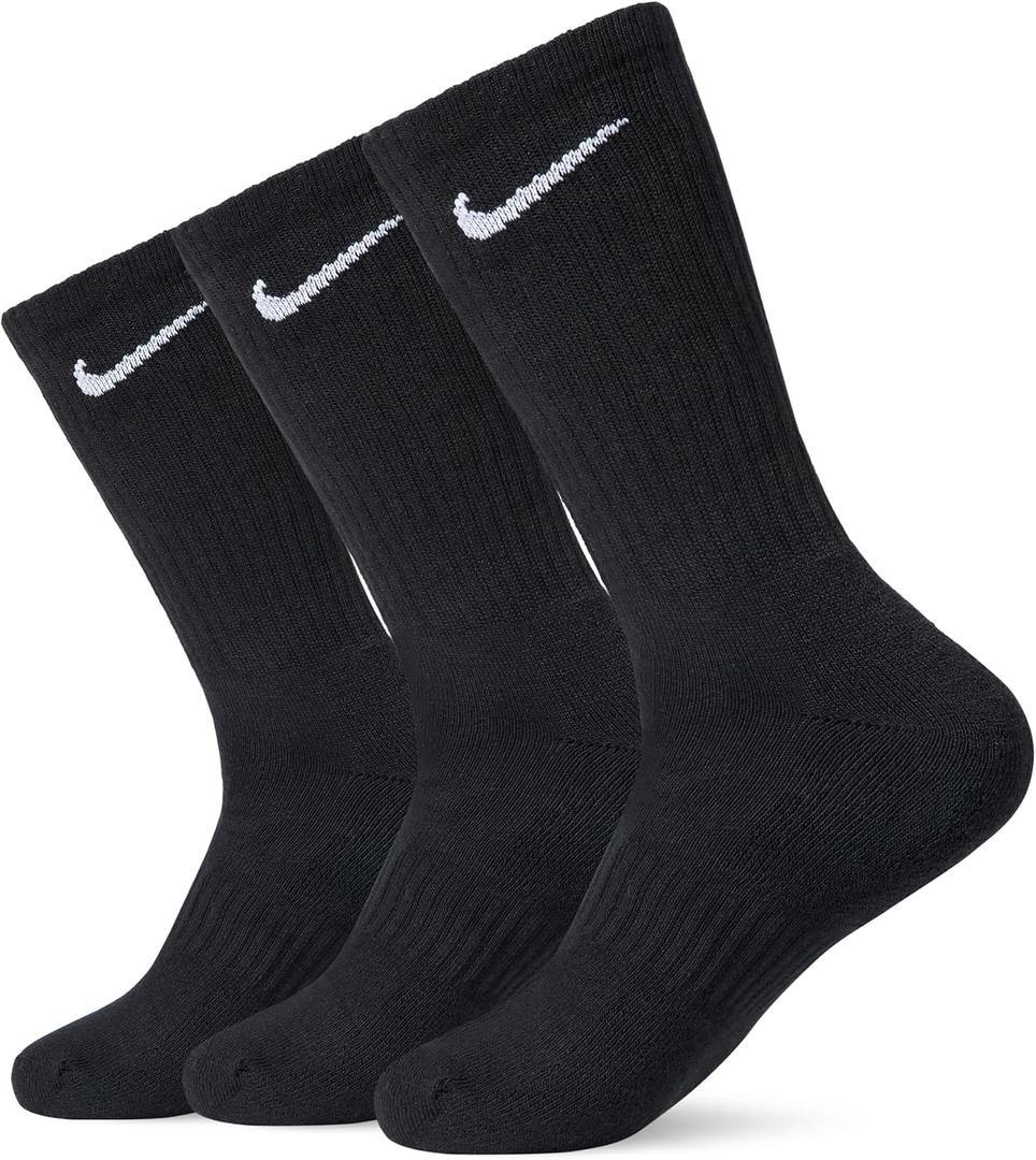 Nike Unisex Adult Everyday Cushioned Training Crew Socks (3-Pack) | Mens 8-12 and Womens 10-13(Black)