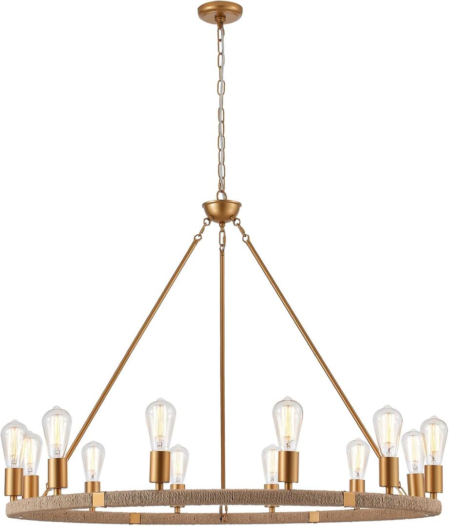 12-Lights Wagon Wheel Chandelier Bohemia Hand Woven Rattan Chandelier Farmhouse Large Pendant Light for High Ceilings Living Room Dining Room, Brass, Dia 42 Inch, UL Listed