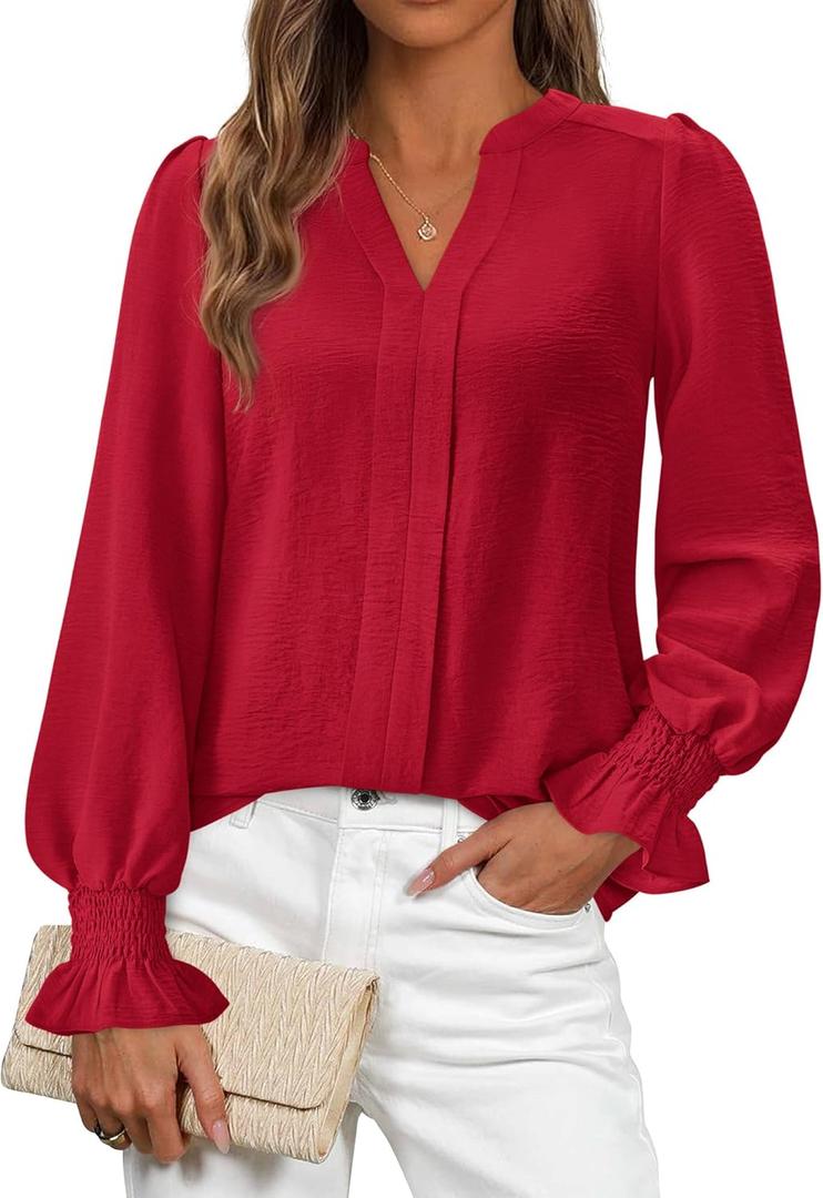 Okiwam Womens Long Sleeve Tops V Neck Shirts Dressy Casual Blouses Business Work Clothes 2026 Fall Fashion Outfits (Large, Red)