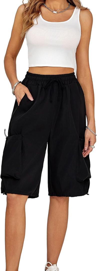 Cargo Shorts Women Y2K Baggy Knee Length Athletic with Pockets Hiking Waterproof Black Pants Men Summer Outfits (Black), Large