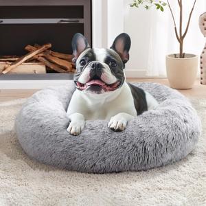 JOLLYVOGUE Calming Dog & Cat Bed for Small Dogs, Anti-Anxiety Donut Cuddler Cozy Soft Round Bed with Anti-Slip Bottom, Fluffy Faux Fur Plush Cushion Beds for Small Medium Dogs, 23"/Smoke Gray (23.0"L x 23.0"W x 8.0"Th, Smoke Grey)