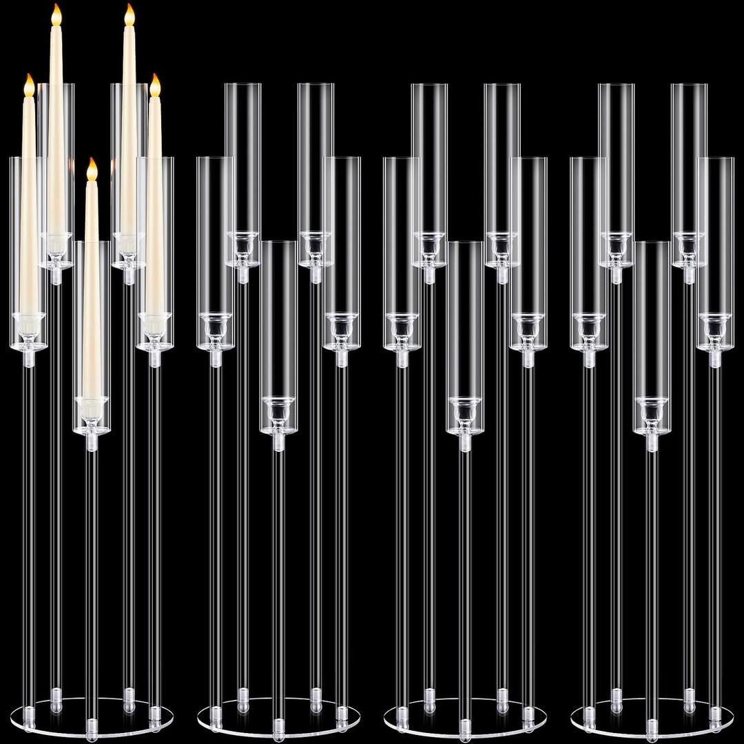 Barydat 4 Pcs Acrylic Candelabra Centerpieces Clear Taper Candle Candlestick Holder Crystal 5 Arm Candlesticks Holder with Acrylic Shade Pillar Fit 0.87" LED Candle for Wedding Dinner Party (Clear)