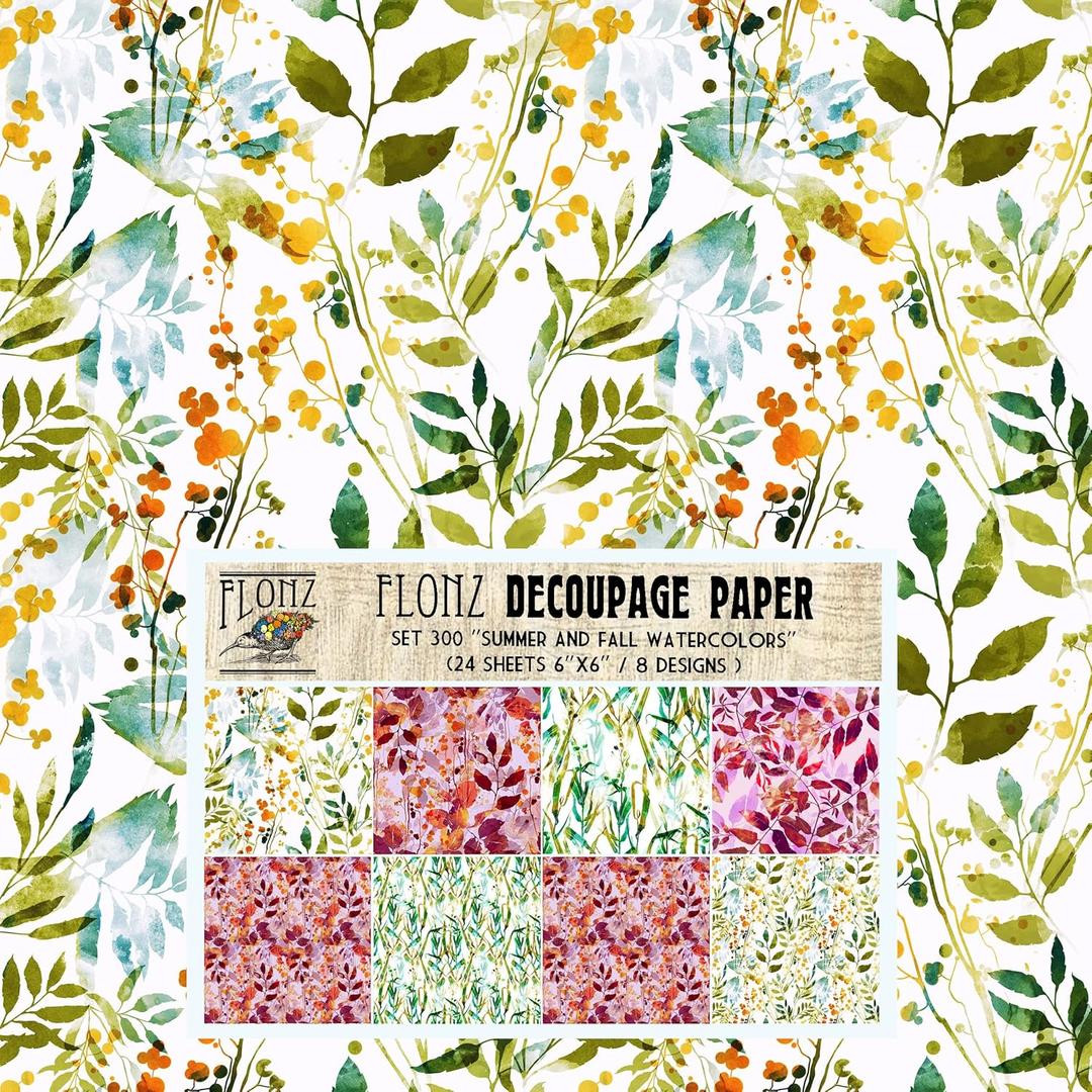 Decoupage Paper Pack (24 Sheets 6"x6") Summer and Fall Watercolors # Vintage Styled Pattern Paper for Decoupage, Craft and Scrapbooking