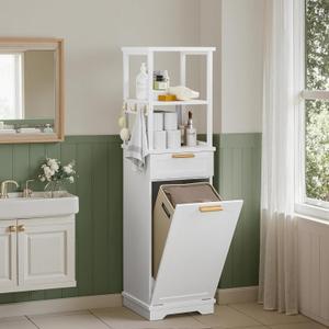 VECELO 53" Tilt Out Laundry Hamper, Tall Bathroom Cabinet with Hidden Removable Basket, 2-Tier Open Shelves, 1 Drawer and 3 Side Hooks for Storage, White