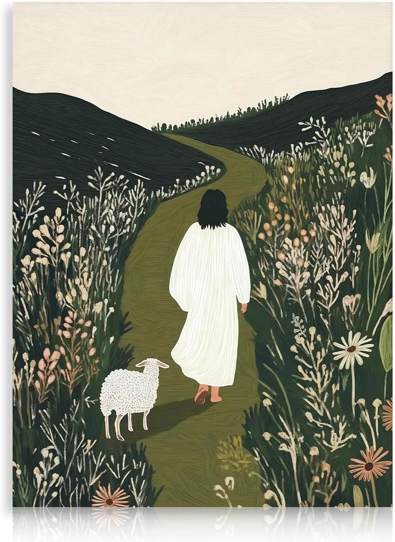 Jesus and Lamb Christian Canvas Wall Art Jesus Leaves the 99 Sheep Painting Picture Wall Decor The Good Shepherd Bible Poster Print Artwork for Living Room Bedroom Church Prayer Room Decorate, Framed