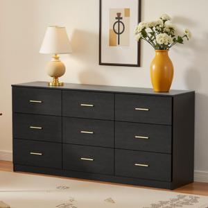 9 Drawer Dresser, 62.9" Large Deep Chest of Drawers,Wooden Dresser Storage Cabinet with 9 Drawers for Bedroom, Long Black Dressers for Living Room, Hallway,Nursery