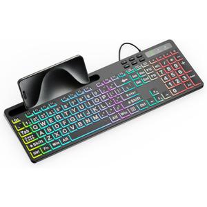 MARVO Large Print Backlit Keyboard, WK712 Wired Computer Keyboards with 7 Colors & 11 Modes Backlight, Tablet Phone Holder and Quiet Light Up Keys, Full-Size Gaming Keyboard for Windows, Mac
