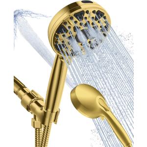 High Pressure Shower head with Handheld 7 Modes, Built-in Power Wash to Clear Tub. Tile & Pets, 5 High Flow Hand Held Hydro Rain Showerhead with Stainless Steel Hose and Adjustable Bracket-Brush Gold