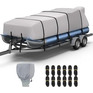 RVMasking Pontoon Boat Cover with Motor Cover, 1400D Heavy Duty Middle Reinforced, Marine Grade Waterproof Boat Cover for Length: 21'-24', Beam Width up to 102", Gray