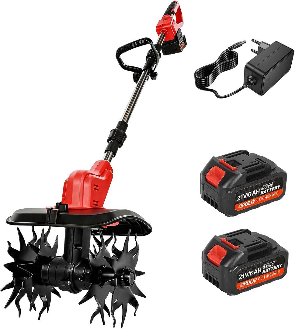 Cordless Electric Tiller for Gardening, Garden Tiller, Cordless Cultivator, Rototiller, 800W Brushless Motor w/ 2X 6.0Ah Batteries, 9" Tilling Width & 6.6" Depth, 360 RPM, 4 Steel Blades, Hand Tiller