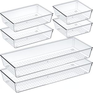 Criusia 6 Pcs Large Size Clear Drawer Organizer Set, Acrylic Non Slip Non Cracking Kitchen Drawer Storage Tray Divider, Multifunctional Storage for Cosmetics, Bathroom, Tools, Kitchen and Office