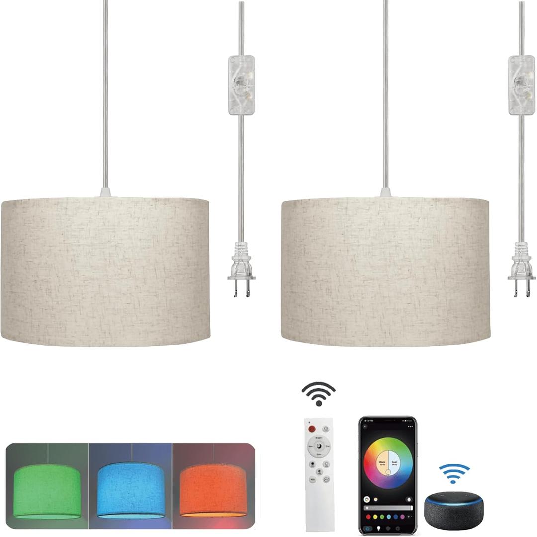 Hanging Lamp Plug in Pendant Light 2 Pack with Remote Control, 15Ft Hanging Lights with Plug in Cord Beige Lamp Shade Plug in Ceiling Light with Cord for Bedroom, Kitchen, Living Room, Dining Table