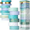 Mr. Pen- Washi Tape Set, 15 Rolls, 5 Yards/ Roll, Ocean Breez Design, Gold Foil Washi Tape for Journaling, (6 x 15mm, 6 x 10mm & 3 x 7mm Wide)