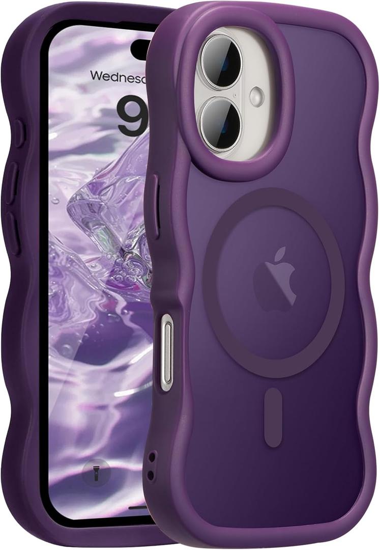 UEEBAI Magnetic for iPhone 17 Case, Compatible with MagSafe, 2025 Transparent Wave Frame Design Case Soft Edge Cover Cute Clear Matte Shockproof Protective Phone Case, Purple