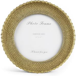 Cuspin Vintage Gold Picture Frame 6x6 Round Frame, Rattan Textured Hand-Crafted Resin Photo Frame with Glass Front, 6 inch Circle Frame for Tabletop Display & Wall Hanging, Retro Design Home Decor