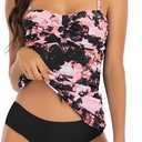 Women's Twist Front Bandeau Tankini Set Two Pieces Ruched Tummy Control Suimsuit with Mid Waist Briefs, Small