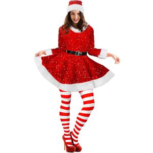 Geyoga Women's Santa Claus Costume Set Velvet Dress with Belt Women's Xmas Striped Tights Santa Hat Set Dress Cosplay(Small, Red Sequin)