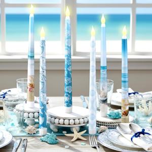Riakrum 6 Pcs Ocean Flameless Candles Beach Starfish Seashell Flameless LED Battery Candles Summer Coastal Wax with Blue Patterns for Indoor Home Table Centerpieces Wedding Teal Decor Gift