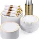 BESTVIP 400PCS Gold Plastic Dinnerware Set, Disposable Party Supplies for 50 Guests - Include 100 Plates, 50 Leak-Proof Soup Bowls, 50 Pre Rolled Napkins with Gold Silverware, 50 Cups